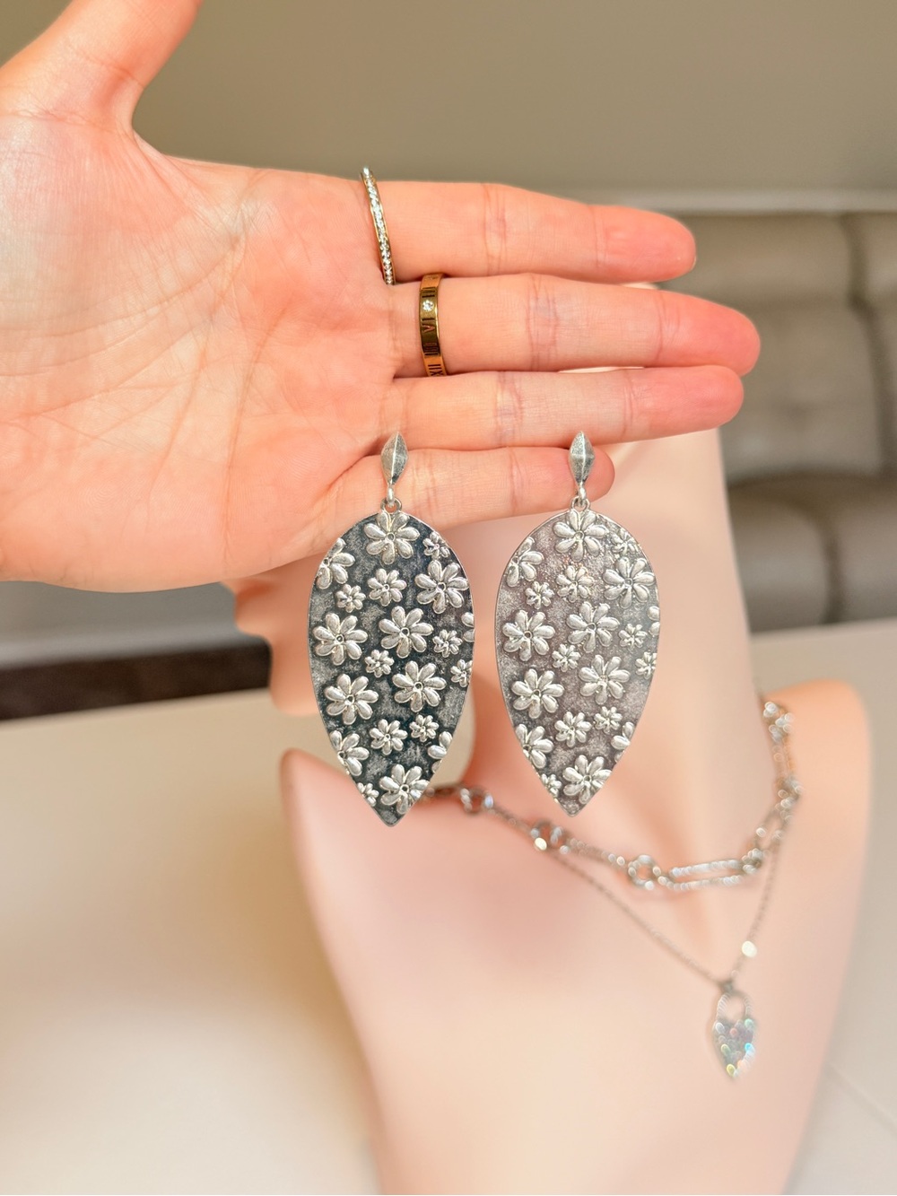Silver Floral Teardrop Dangle Earrings - Picture 10 of 12